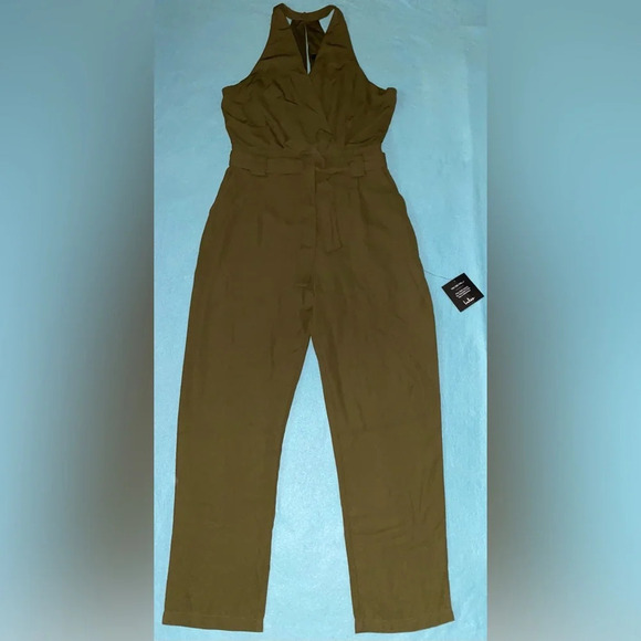 LULUS In The City wrap top jumpsuit olive belted lined 2 pockets NEW size M - Picture 4 of 15
